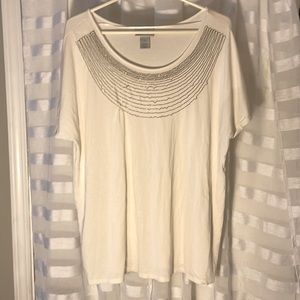 White Dressy T-Shirt w/ Shiny Attached Chain-Like Necklace 2X